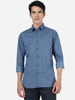 JadeBlue - Mens Light Navy Blue 100% Cotton Slim Fit Printed Casual Shirt