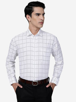 JadeBlue - Mens White 100% Cotton Regular Fit Checked Formal Shirt