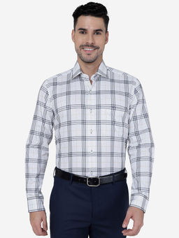 Metal - Mens White & Grey 100% Cotton Slim Fit Checked Formal Shirt
