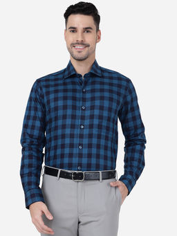 Metal - Mens Blue 100% Cotton Slim Fit Checked Formal Shirt