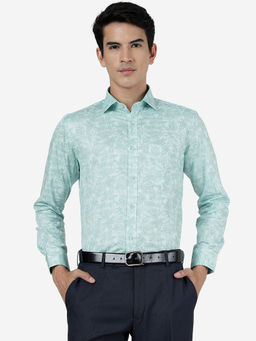 Greenfibre - Mens Slim Fit Printed Cotton Blend Formal Shirt - Green
