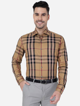 Metal - Mens Khaki 100% Cotton Slim Fit Checked Formal Shirt