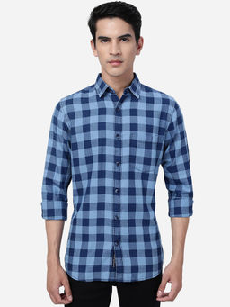 JadeBlue - Mens Imperial Blue 100% Cotton Slim Fit Checked Semi Casual Shirt