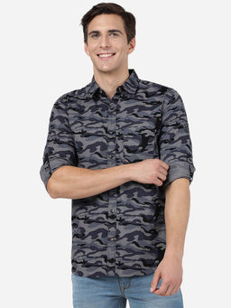JadeBlue - Mens Grey Camo 100% Cotton Slim Fit Printed Semi Casual Shirt