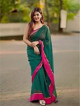 Aparna - Dark Green Pink Boder Premium Mul Cotton Saree Without Blouse for Women