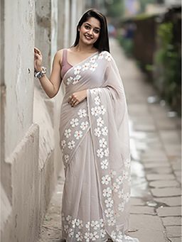 Aparna - Floral Hand Print Grey Mul Cotton Saree Without Blouse for Women