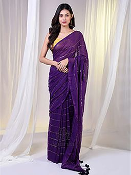 Aparna - Golden Striped Purple Premium Cotton Saree Without Blouse for Women