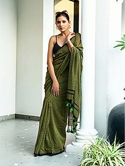 Aparna - Dark Olive Green Premium Mul Cotton Saree Without Blouse