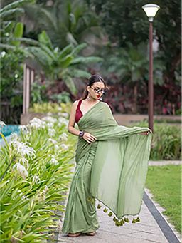 Aparna - Olive Green Premium Mul Cotton Saree Without Blouse With Lace For Women
