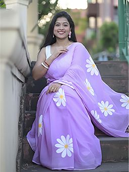 Aparna - Floral Print Lavender Mul Cotton Saree Without Blouse For Women