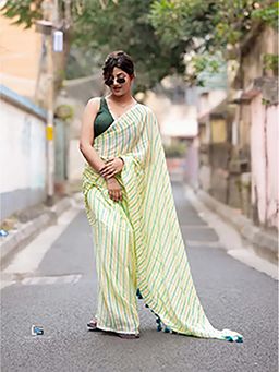 Aparna - Lime Green Striped Premium Cotton Saree Without Blouse For Women