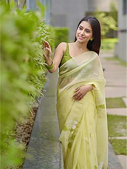 Aparna - Yellow Abstract Flower Print Fine Organza Saree Without Blouse For Women