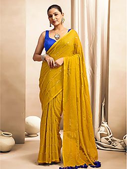 Aparna - Yellow Mul Cotton Saree Without Blouse With Golden Stripe For Women