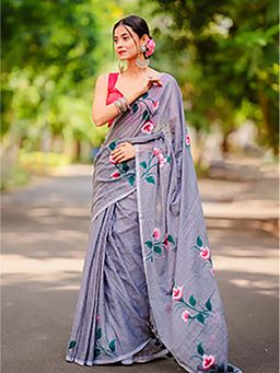 Aparna - Floral Print Light Grey Mul Cotton Saree Without Blouse For Women