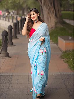 Aparna - Sky Blue Premium Hand Printed Mul Cotton Saree Without Blouse For Women
