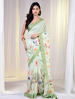 Aparna - Green Floral Prints Saree Without Blouse