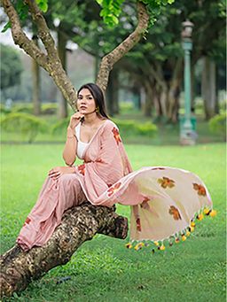 Aparna - Peach Premium Hand Printed Mul Cotton Saree Without Blouse