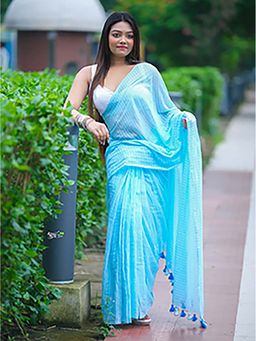 Aparna - Light Blue With A Striped Design Mul Cotton Saree Without Blouse For Women