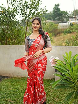 Aparna - Red Colour Banarasi Tissue Silk Saree Without Blouse