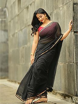 Aparna - Black Premium Mul Cotton Saree Without Blouse With Golden Border For Women