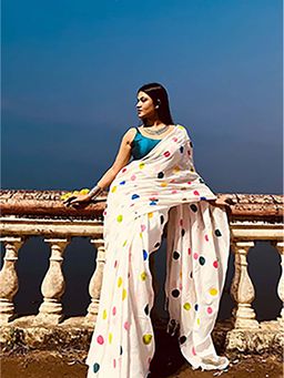 Aparna - Multicolour Ball Print White Mul Cotton Saree Without Blouse