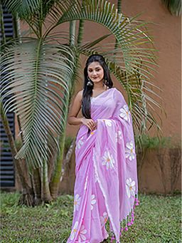 Aparna - Baby Pink Hand Printed Premium Cotton Saree Without Blouse For Women