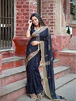Aparna - Black & Golden Premium Handloom Cotton Saree Without Blouse For Women