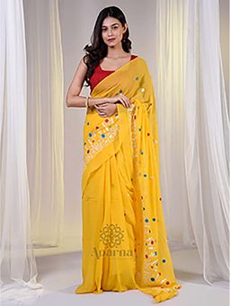 Aparna - Yellow Cotton Solid Embroidery Saree Without Blouse For Women