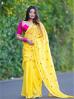 Aparna - Yellow Embroidery Mul Cotton Saree Without Blouse For Women
