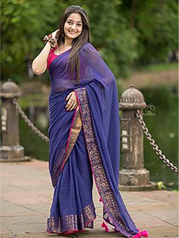Aparna - Blue Colour With Golden Border Mul Cotton Saree Without Blouse For Women