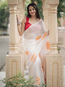 Aparna - White Premium Hand Printed Mul Cotton Saree Without Blouse For Women