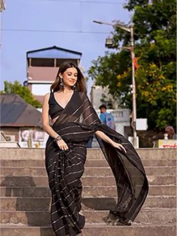 Aparna - Black Premium Mul Cotton Saree Without Blouse With Golden Stripe For Women