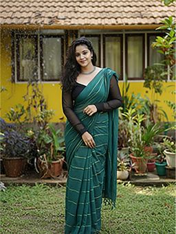Aparna - Dark Green Premium Mul Cotton Saree Without Blouse For Women