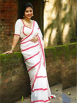 Aparna - White Premium Mul Cotton Saree Without Blouse For Women