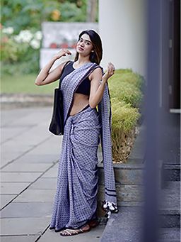 Aparna - Grey Premium Hand Printed Mul Cotton Saree Without Blouse For Women