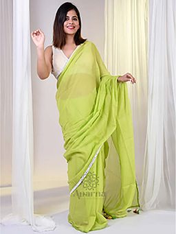 Aparna - Neon Green Saree Without Blouse With Lace Mul Cotton Saree Without Blouse