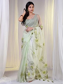 Aparna - Flower Printed Mint Green Organza Saree Without Blouse For Women