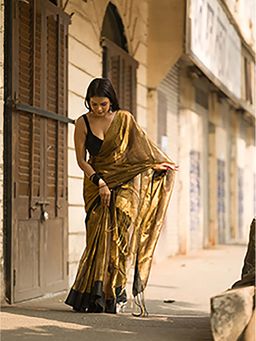 Aparna - Copper Golden Black Border Raga Tissue Saree Without Blouse For Women