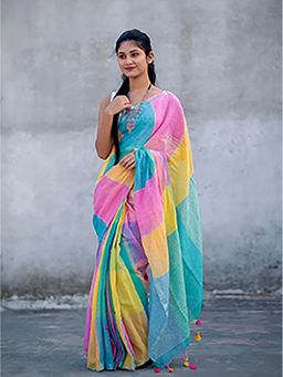 Aparna - Handloom Multi Colour Linen Saree Without Blouse For Women
