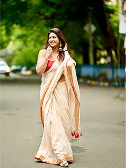 Aparna - Beige Saree Without Blouse With Golden Boder Cotton Saree Without Blouse For Women