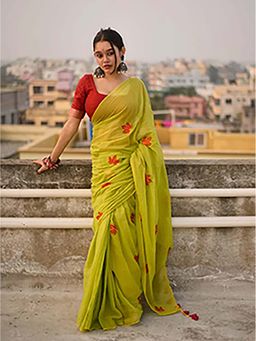 Aparna - Lime Green Cotton Embroidery Work Saree Without Blouse For Women