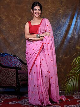 Aparna - Baby Pink Embroider Mul Cotton Premium Saree Without Blouse For Women