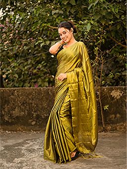 Aparna - Green Golden Raga Tissue Dual Tone Saree With Unstitched Blouse For Women