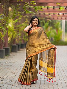Aparna - Golden Dual Tone Raga Tissue Saree Without Blouse