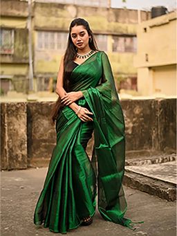 Aparna - Bottle Green Raga Tissue Dual Tone Saree With Unstitched Blouse For Women