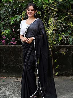 Aparna - Black Cotton Solid Saree With Unstitched Blouse For Women