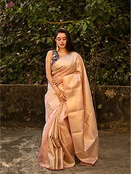 Aparna - Peach Golden Silk Dual Tone Saree With Unstitched Blouse For Women