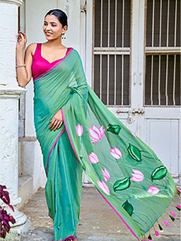 Aparna - Green Border Hand Printed Saree Without Blouse For Women
