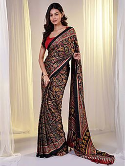 Aparna - Ajrakh Silk Black Saree Without Blouse