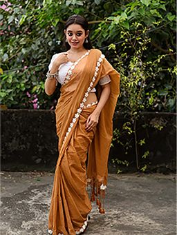 Aparna - Light Brown Cotton Lace Border Saree Without Blouse For Women